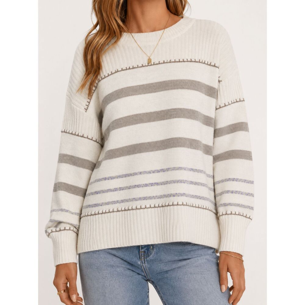 Hem & Thread Striped Knit Sweater Large Ivory Gray Oversized Cozy Pullover